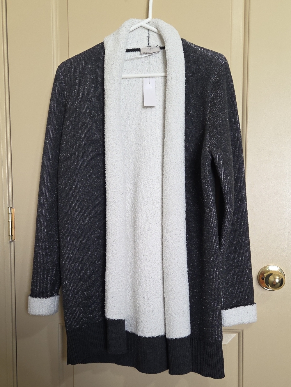 Loft Gray Open-Front Cozy Cardigan with White Sherpa Trim